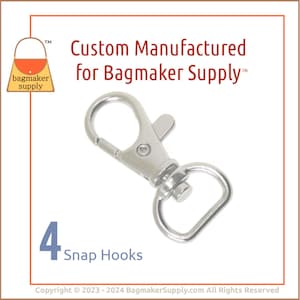 May include: A silver-colored snap hook with a swivel base. The image includes the text "Custom Manufactured for Bagmaker Supply" and "4 Snap Hooks". The hook is designed for bagmaking and crafting.