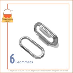 May include: Two shiny, silver-colored oval grommets. The number 6 and the word "Grommets" are displayed in blue. The logo for "bagmaker supply" is in the upper left corner.