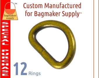 1/2 Inch D Ring, Light Antique Brass / Antique Gold Finish, 12 Pack, 13 mm Dee Ring, Handbag Purse Making Supplies Hardware, .5", RNG-AA352