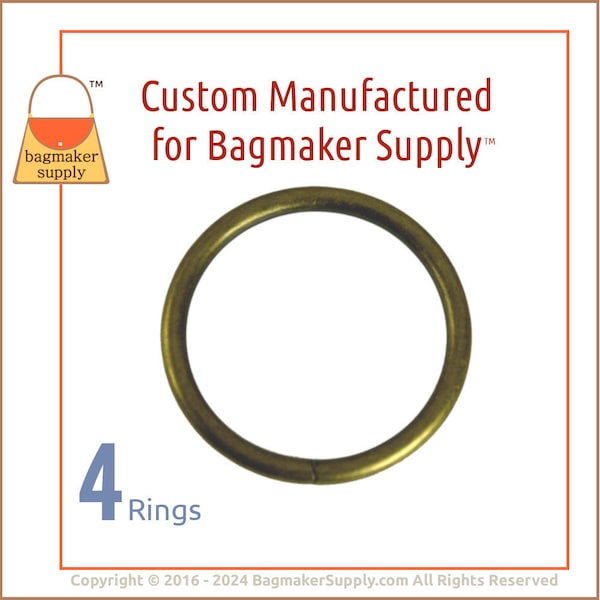1-1/2 Inch O Ring, Light Antique Brass / Antique Gold Finish, 4 Rings, 4 mm Gauge, Handbag Hardware Supplies, 38 mm 1.5 inch, RNG-AA278