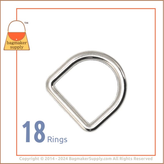 1/2 Inch Cast D Ring, Nickel Finish, 18 Pieces, .5 Inch 13 mm Dee Ring, Handbag Purse Bag Making Hardware Supplies, RNG-AA001