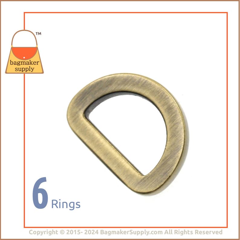 1/2 Inch Flat Cast D Ring, Light Antique Brass / Antique Gold Finish, 6 Pieces, 13 mm D-Ring, Purse Bag Making Handbag Hardware, RNG-AA072 image 1