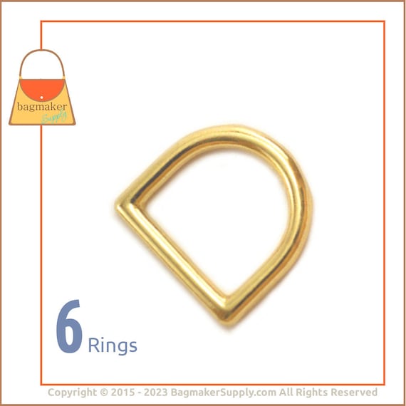 5/8 Inch Cast D Ring, Brass Finish, 6 Pack, 16 mm Dee Ring, Also for 1/2 Inch 13 mm Strap, Purse Making Handbag Hardware Supplies, RNG-AA190