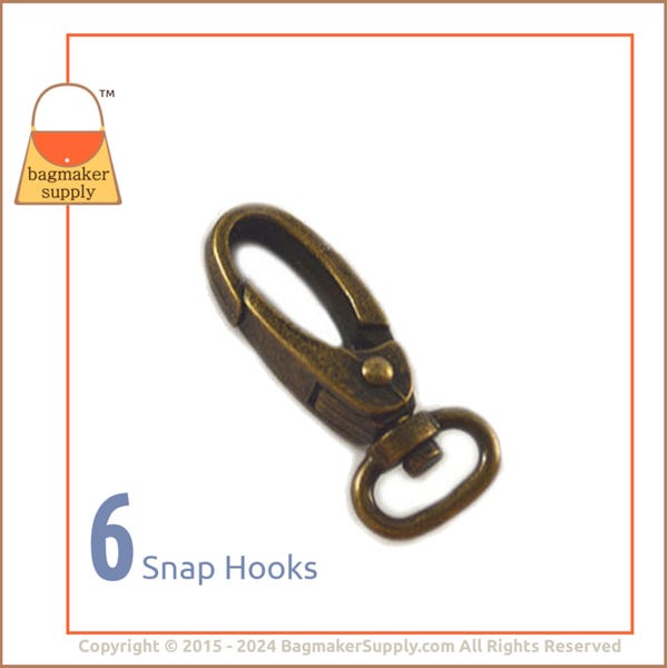 1/2 Inch Swivel Snap Hook, Antique Brass Finish, 13 mm Oval Gate Purse Clip, 6 Pieces, Handbag Bag Making Hardware Supplies, .5", SNP-AA067