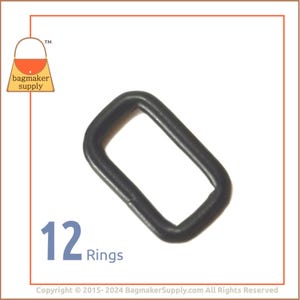 May include: A single, black, rectangular metal ring. The image shows 12 rings. The logo for Bagmaker Supply is in the upper left corner. The text "12 Rings" is in the lower left corner.