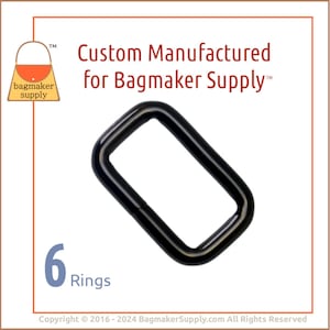 May include: Six black metal rings, each with a rectangular shape. The rings are custom manufactured for Bagmaker Supply.