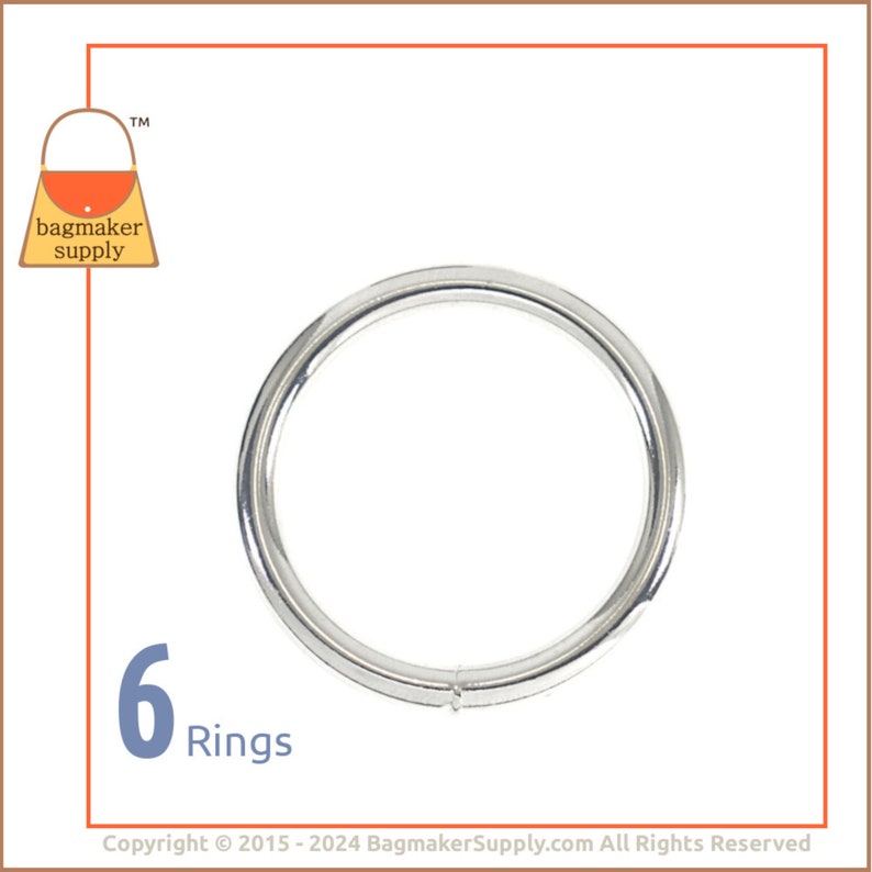 1-3/4 Inch O Ring, Welded, Shiny Nickel Finish, 6 Pack, 45 mm 6 mm Gauge, 1.75 Inch, Purse Hardware Bag Making Handbag Hardware, RNG-AA096 image 1