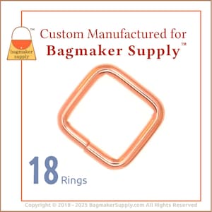 May include: A close-up of 18 rose gold square rings. The rings are made for bag making and are custom manufactured for Bagmaker Supply.