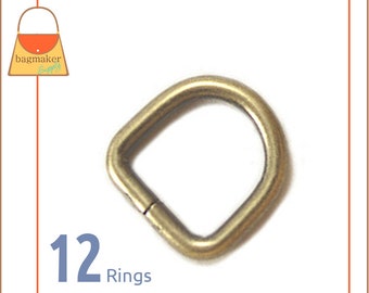 3/8 Inch D Ring, Light Antique Brass / Antique Gold Finish, 12 Pack, 9.5 mm Small Ring, Handbag Purse Making Hardware Supplies, RNG-AA090