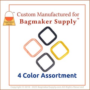 May include: Four square-shaped metal rings in black, gold, rose gold, and copper. The rings are arranged in a cross pattern. The text "Custom Manufactured for Bagmaker Supply" is at the top of the image. The text "4 Color Assortment" is at the bottom of the image.