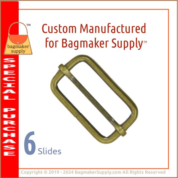 1-1/2 Inch Moving Bar Slide, Antique Gold / Light Antique Brass Finish, 6 Pack, 38 mm Movable Slider, Purse Strap, Bag Hardware, SLD-AA086