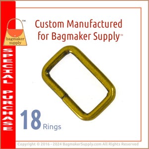 May include: A close-up of 18 gold-toned metal rings. The rings are rectangular in shape and have a smooth finish. The text "Custom Manufactured for Bagmaker Supply™" is visible in the image.