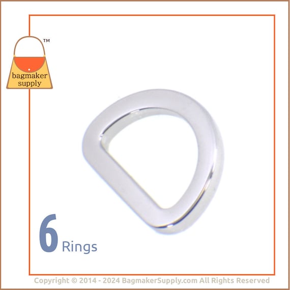 3/4 Inch Flat Cast D Ring, Super Shiny Nickel Finish, 6 Pieces, .75 Inch 19 mm Dee Ring, Handbag Purse Bag Making Hardware, RNG-AA045