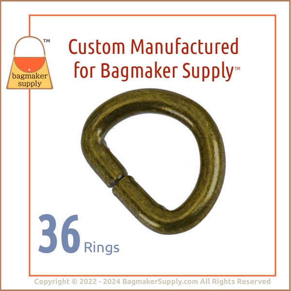 1/2 Inch D Ring, Antique Brass Finish, 36 Pieces, 13 mm D-Ring, .5 Inch Small D Ring, Purse Bag Making Supplies Handbag Hardware, RNG-AA441