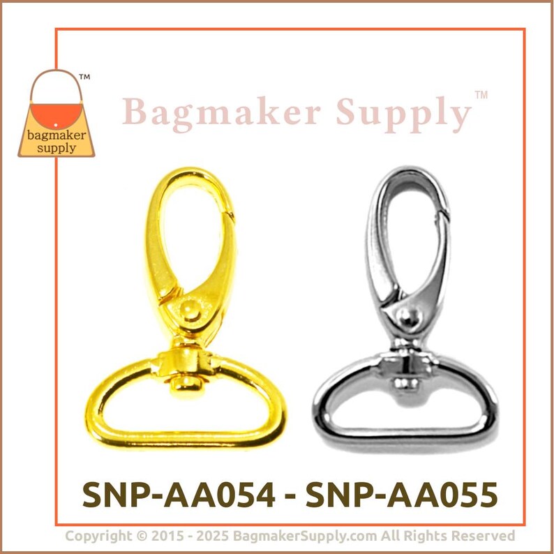 May include: Two metal swivel clasps, one gold and one silver. The clasps are both in the shape of a D with a hook on the top. The text "SNP-AA054 - SNP-AA055" is printed below the clasps.