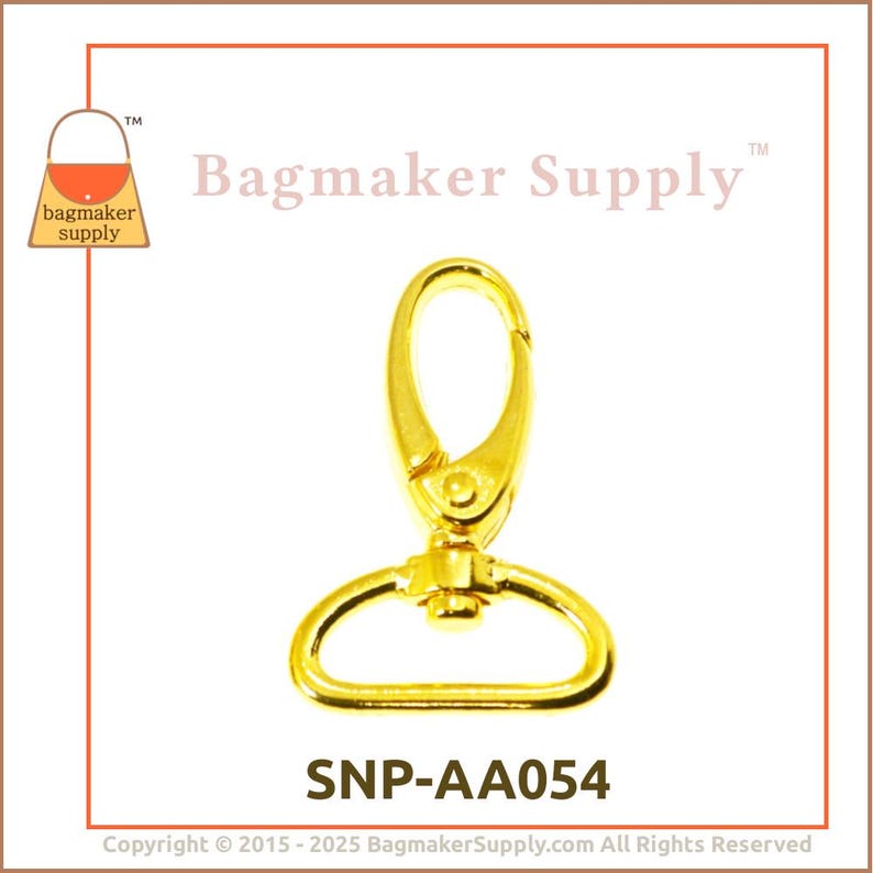 May include: Gold metal swivel hook clasp with a D-ring. The clasp is labeled "SNP-AA054".