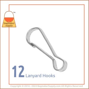 May include: Twelve silver metal lanyard hooks. The hooks are shaped like a small, open-ended loop with a swiveling clip.