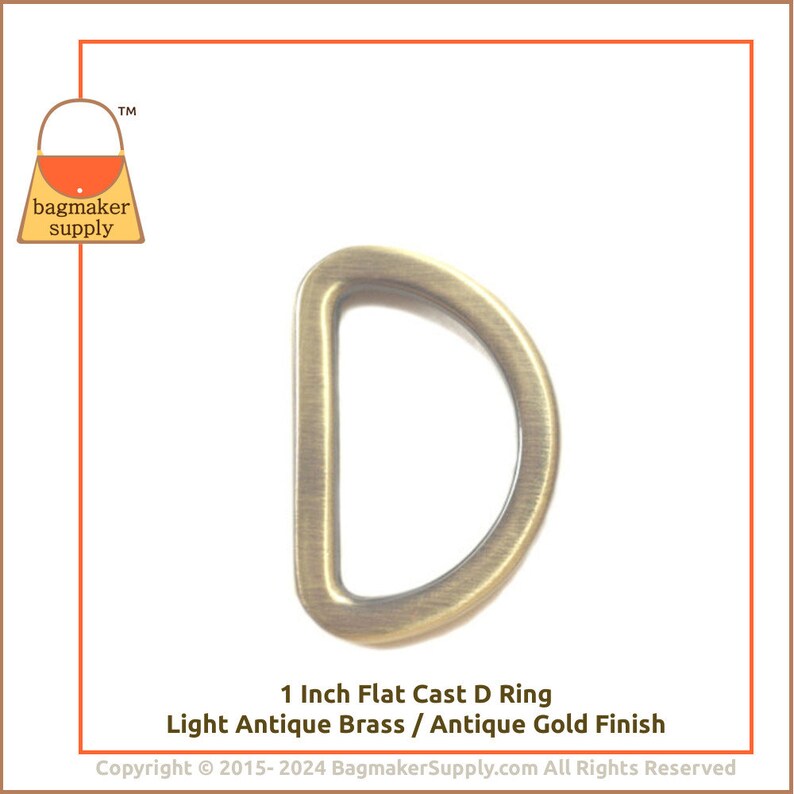 1 Inch Flat Cast D Ring, Antique Gold / Light Antique Brass Finish, 6 Pieces, 25 mm Dee Ring. Handbag Purse Bag Hardware Supplies, RNG-AA077 image 7