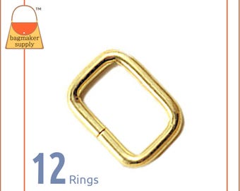 5/8 Inch Rectangle Ring, Brass Finish, 12 Pack, 16 mm Rectangle Wire Loop for 1/2 Inch - 5/8 Inch Strap, Purse Handbag Hardware, RNG-AA082
