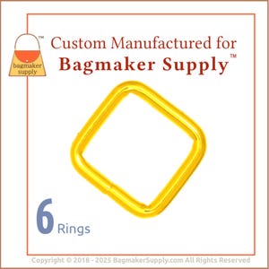 May include: Six gold-colored metal rings, each shaped like a square. The rings are arranged in a row, with the text "6 Rings" below them. The text "Custom Manufactured for Bagmaker Supply" is at the top of the image.