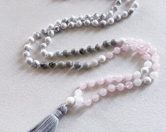 Hand Knotted Rose Quartz Mala Necklace, Map Jasper, Howlite Prayer Beads