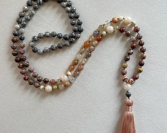 Hand knotted mala necklace, prayer beads, 108 bead mala, meditation, gifts for her, gemstone