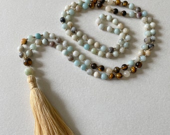Hand knotted mala necklace, prayer beads, 108 bead mala, meditation, gifts for her, gemstone