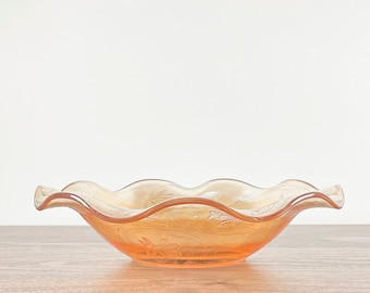 8" Vintage Depression Louisa Jeannette Floragold Ruffled Carnival Glass Bowl