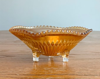 Jeanette Marigold Carnival Glass 3 Footed Ribbed Dish