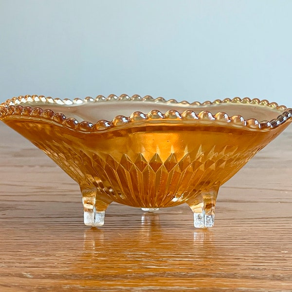 Jeanette Marigold Carnival Glass 3 Footed Ribbed Dish