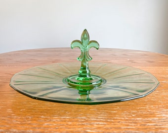 Vintage Green Glass Serving Tray, Fostoria Fairfax Fleur De Lis