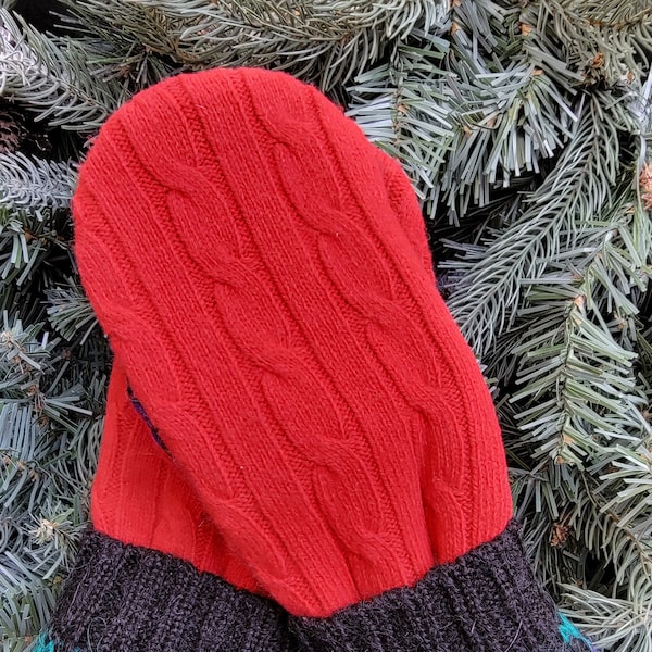 Upcycled Red Sweater Mittens, Fleece Lined Mittens, Sweater Mittens, Recycled Sweater Mittens, Minnesota Mittens