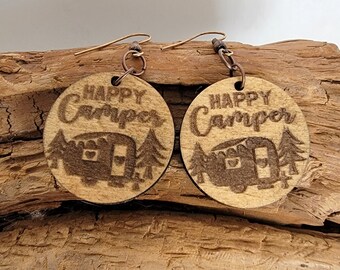 Happy Camper Laser Cut and Engraved Wood Dangle Earrings
