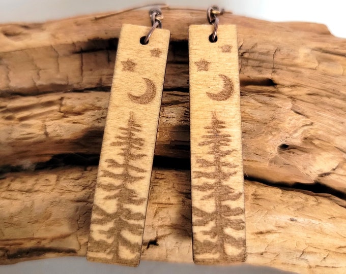 Tree with Moon and Stars Laser Cut and Engraved Wood Dangle Earrings, Tree Earrings
