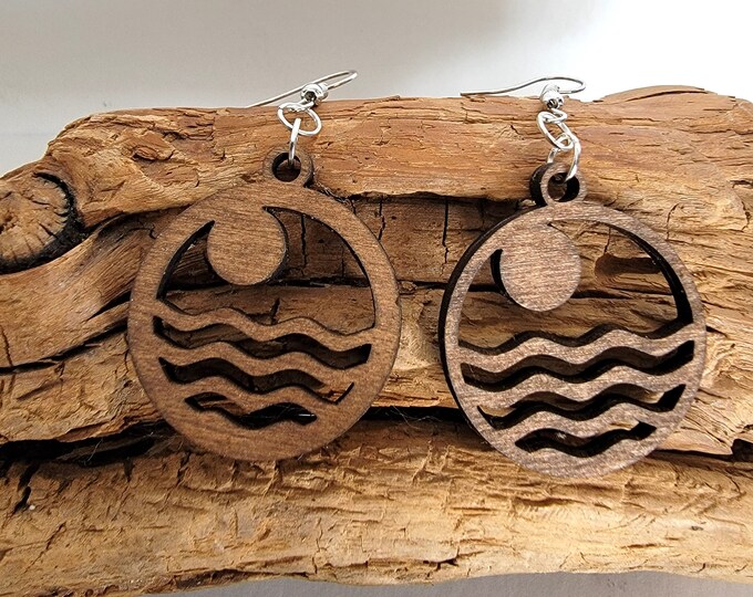 Waves and Sun Laser Cut Dangle Earrings, Sun and Waves Laser Cut Dangle Earrings, Lake Theme Jewelry