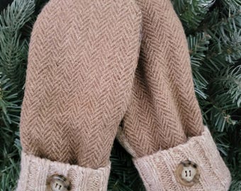 Recycled Sweater Mittens, Tan Wool Recycled Sweater Mittens, Fleece Lined Mittens, Minnesota Mittens