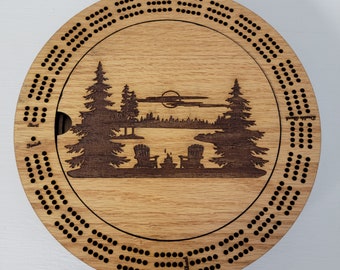Laser Engraved Adirondack Chairs Lake Cribbage Board with Cards and Pegs