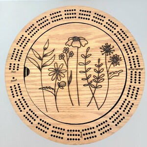 Laser Engraved Flower Scene 3 Track Wood Cribbage Board with Cards and Pegs