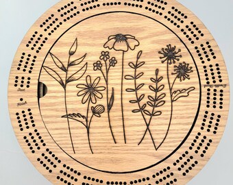 Laser Engraved Flower Scene 3 Track Wood Cribbage Board with Cards and Pegs