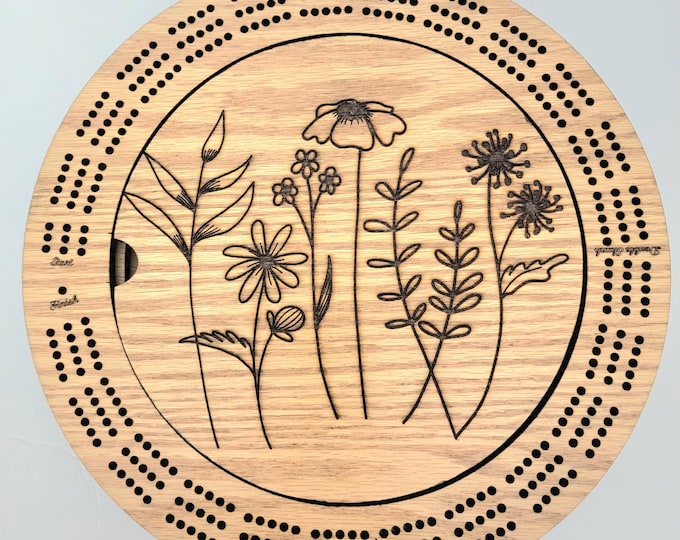 Laser Engraved Flower Scene 3 Track Wood Cribbage Board with Cards and Pegs