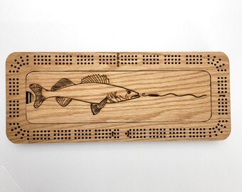 Laser Engraved Fishing Scene 3 Track Cribbage Board with Storage