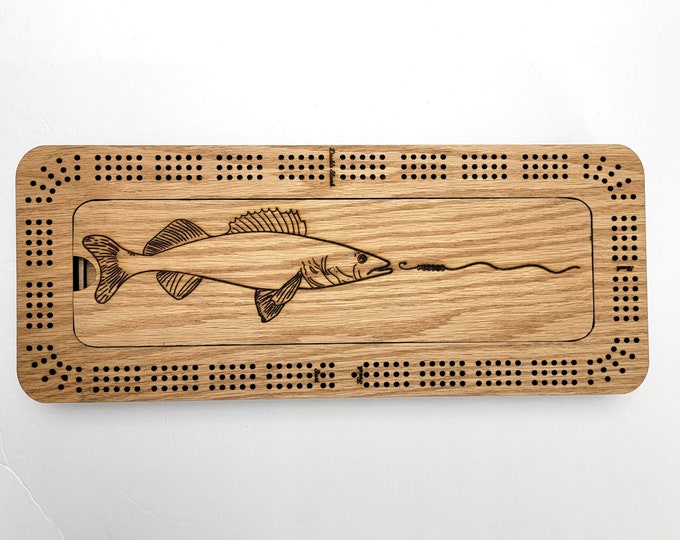 Laser Engraved Fishing Scene 3 Track Cribbage Board with Storage