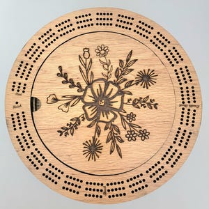 Laser Engraved Flower Scene 3 Track Wood Cribbage Board with Cards and Pegs