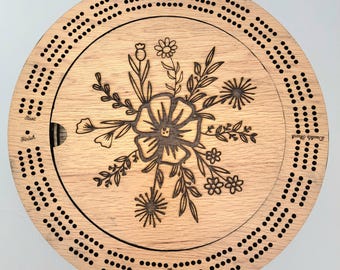 Laser Engraved Flower Scene 3 Track Wood Cribbage Board with Cards and Pegs