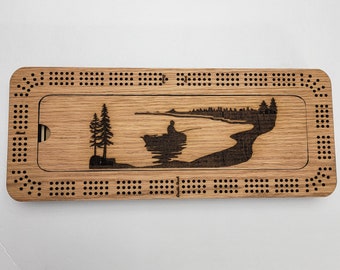 Laser Engraved Fishing Scene 3 Track Cribbage Board with Storage