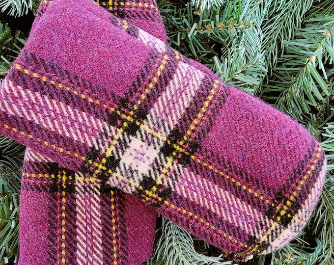 Purple Plaid Wool Recycled Sweater Mittens, Sweater Mittens, Wool Mittens