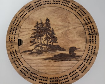 Laser Engraved Loon Scene 3 Track Wood Cribbage Board with Cards and Pegs