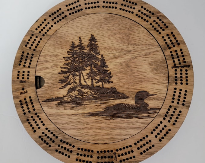 Laser Engraved Loon Scene 3 Track Wood Cribbage Board with Cards and Pegs