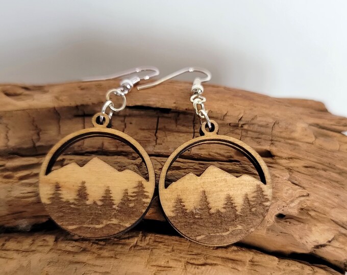 Mountain Laser Cut and Engraved Wood Dangle Earrings