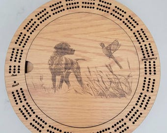 German Shorthair with Pheasant Laser Engraved 3 Track Lake Life Wood Cribbage Board with Cards and Pegs